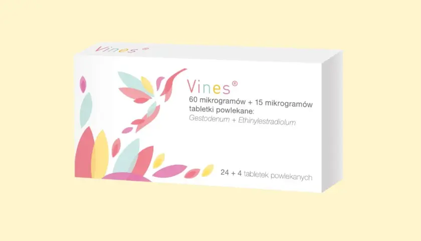 Opakowanie leku Vines z kolorowym motywem przypominającym pnącza. Zawiera 24+4 tabletki.