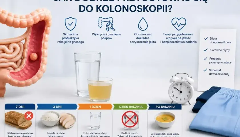 Model jelita grubego, szklanki z wodą i płynem, zegar, ubrania i schemat przygotowania do kolonoskopii.