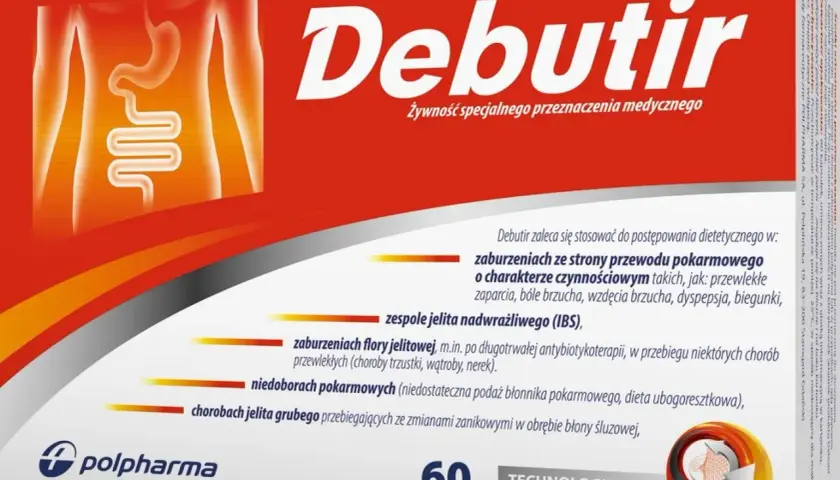 Opakowanie leku Debutir z grafiką układu pokarmowego. Stosowany przy zaburzeniach jelitowych i pokarmowych.