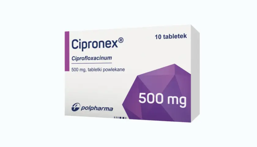 Opakowanie leku Cipronex 500 mg, zawierające 10 tabletek powlekanych.