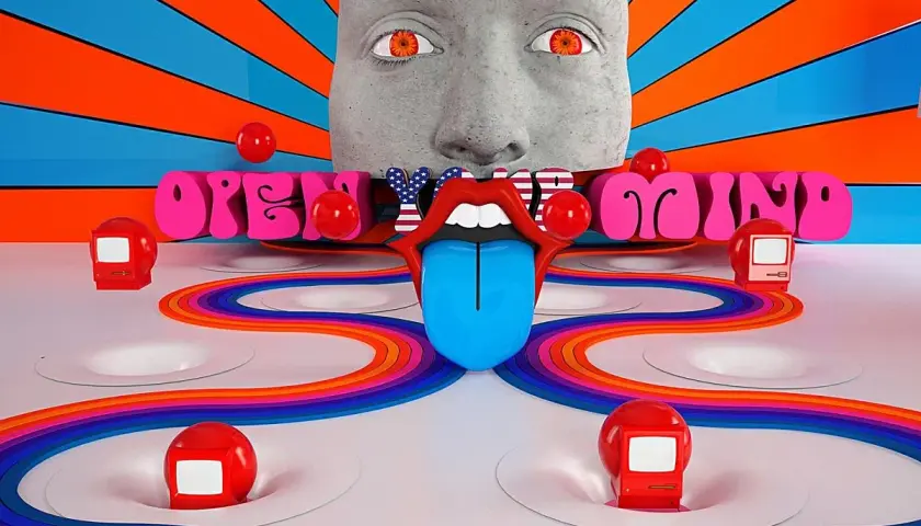 Surrealistowa grafika z kamienną twarzą, otwartymi ustami z niebieskim językiem i napisem "OPEN YOUR MIND".
