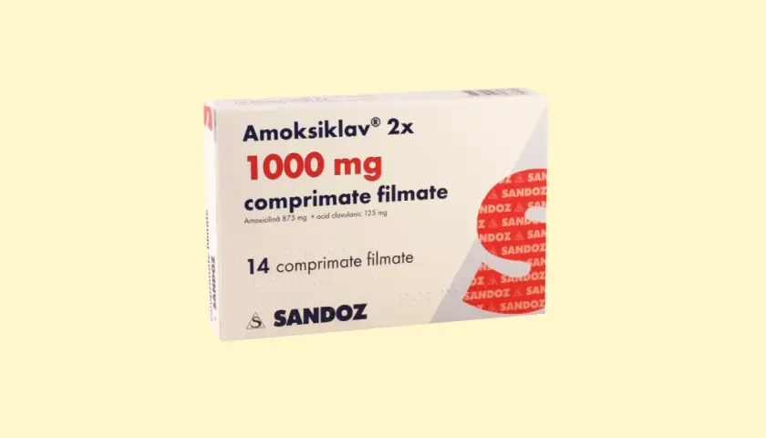 Opakowanie leku Amoksiklav 1000 mg, zawierające 14 tabletek powlekanych. Amoksiklav 875 mg + kwas klawulanowy 125 mg.