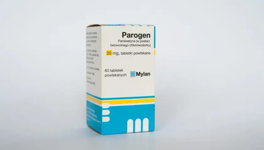 Opakowanie leku Parogen, zawierające 60 tabletek powlekanych paroksetyny 20 mg.