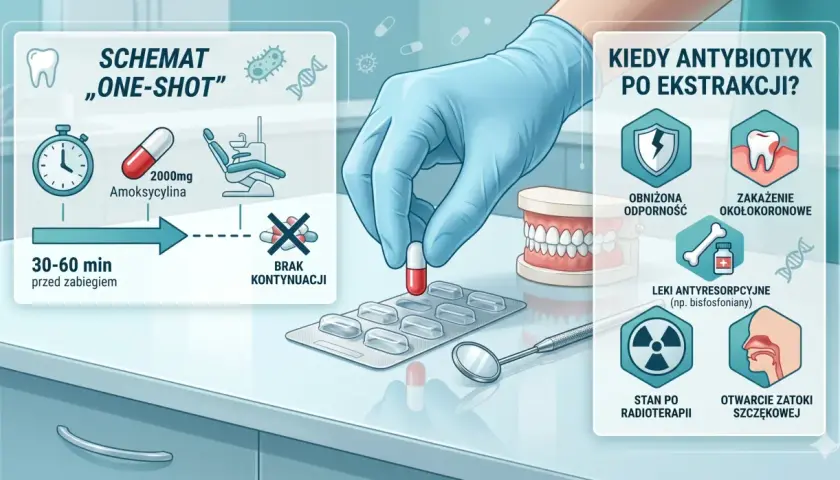 Schemat "one-shot" antybiotyk na zęba: amoksycylina 2000mg 30-60 min przed zabiegiem. Kiedy antybiotyk po ekstrakcji?