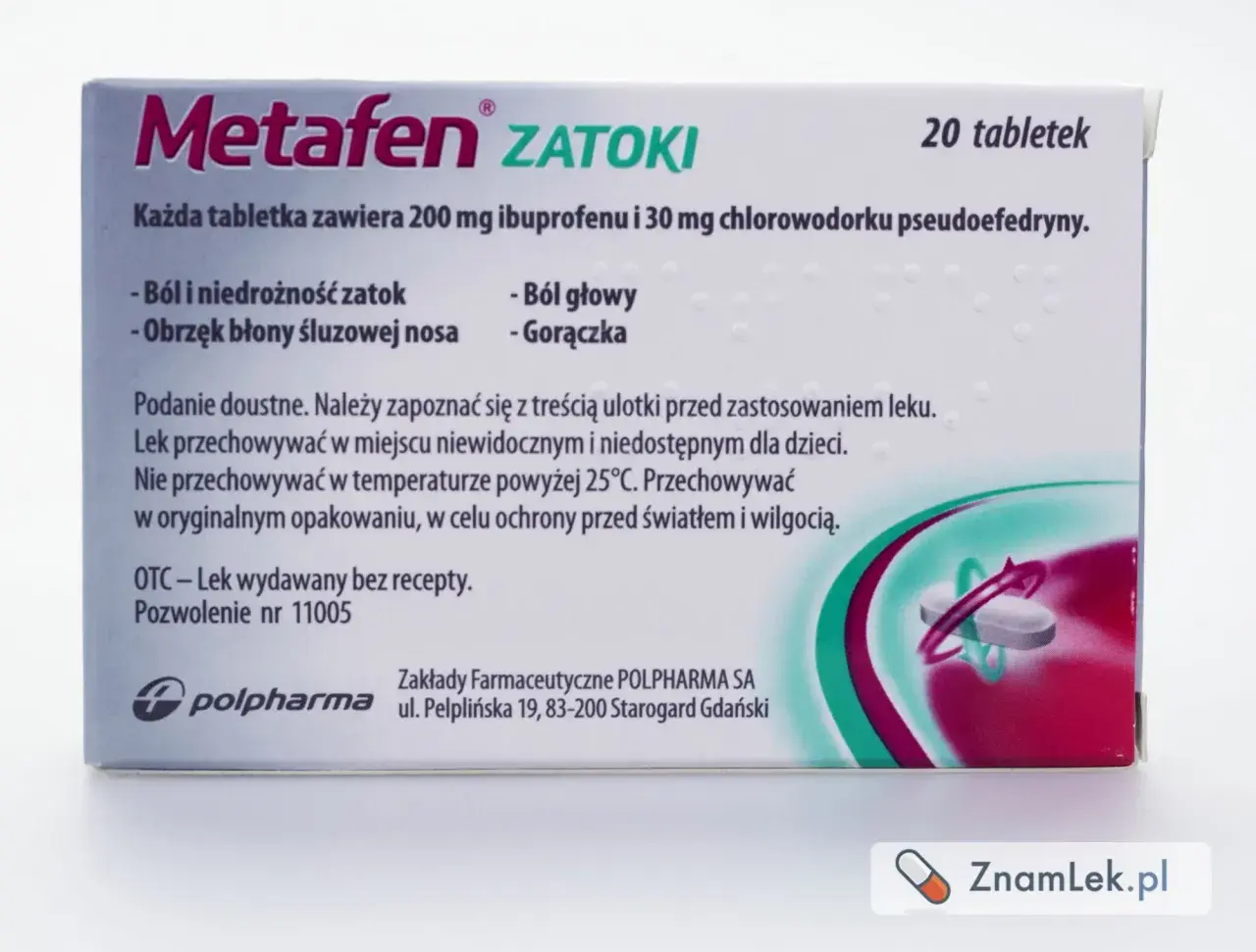 Metafen Zatoki, lek na ból i niedrożność zatok, ból głowy i gorączkę. Opakowanie 20 tabletek.