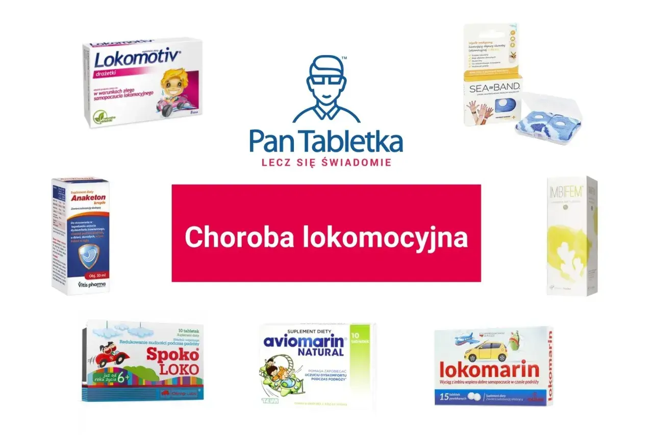 Zdjęcie przedstawia opakowania leków i suplementów diety na chorobę lokomocyjną, m.in. Lokomotiv, Anaketon, Spoko Loko, Aviomarin, Lokomarin, Sea-Band.