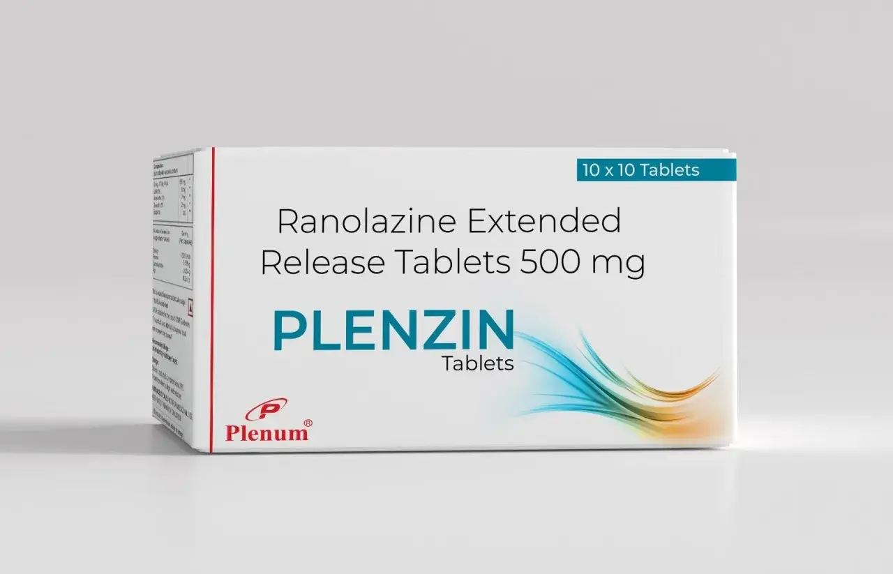Pudełko leku Plenzin z ranolazyną 500 mg, 10x10 tabletek.