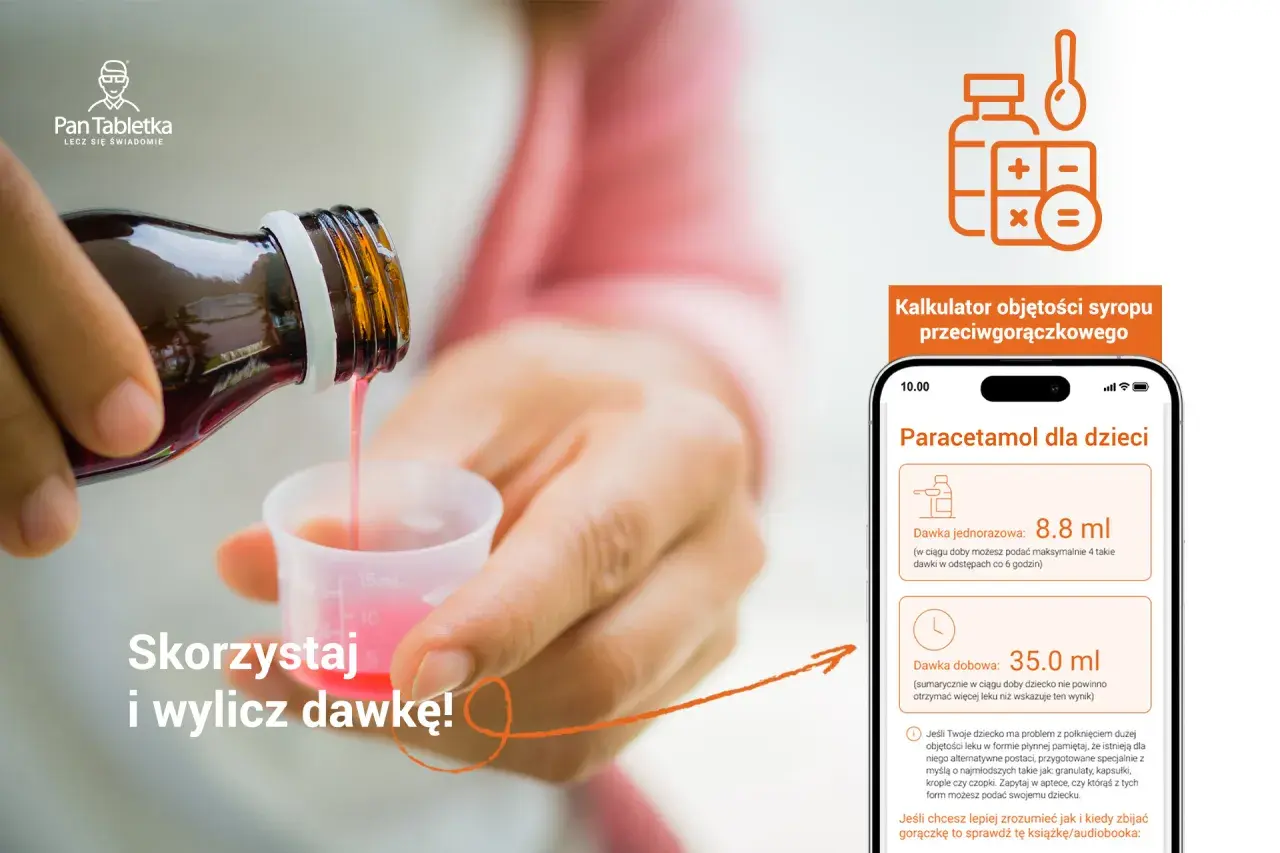 Syrop dla dzieci wylewany do miarki. Aplikacja "Pan Tabletka" pomaga obliczyć dawkę, np. ibuprofen dla dzieci.
