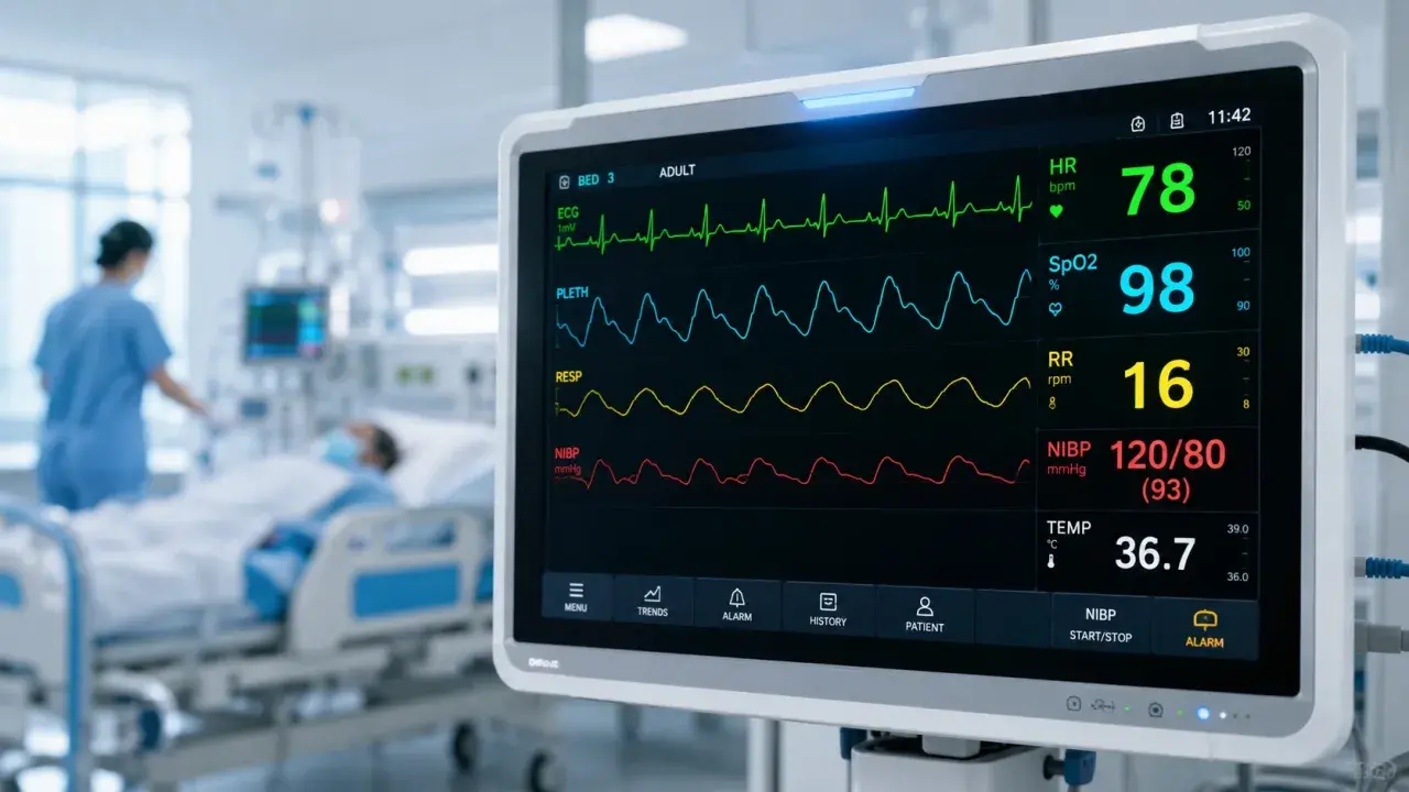 Monitor EKG serca pokazuje parametry życiowe pacjenta: tętno 78, saturację 98%, oddech 16, ciśnienie 120/80 i temperaturę 36.7°C.