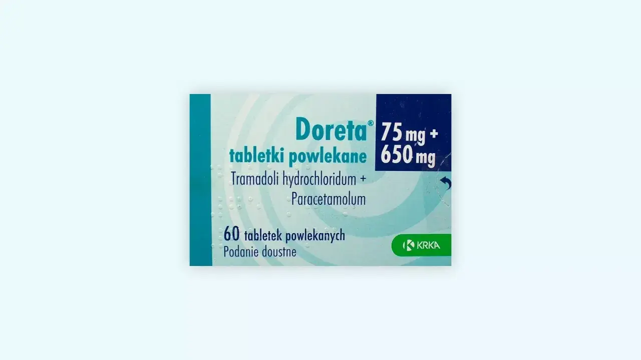 Opakowanie leku Doreta 75 mg + 650 mg, zawierające 60 tabletek powlekanych z tramadolem i paracetamolem. Idealne na palgotal.