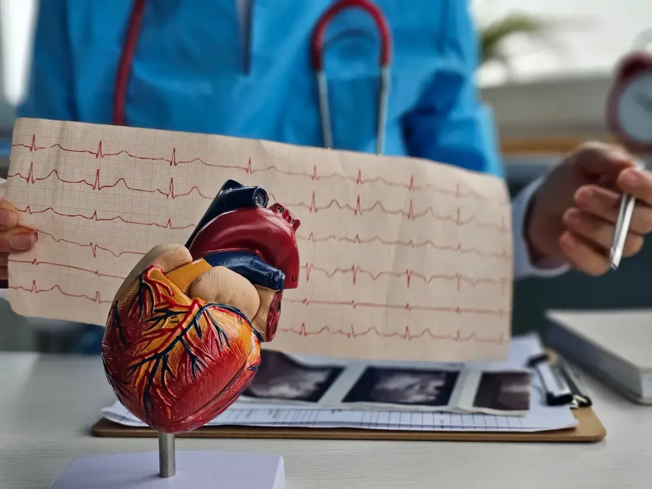Model serca i EKG na stole lekarskim. W tle lekarz w niebieskim fartuchu, stetoskop i dokumentacja medyczna. To obrazuje pracę z biosotal.