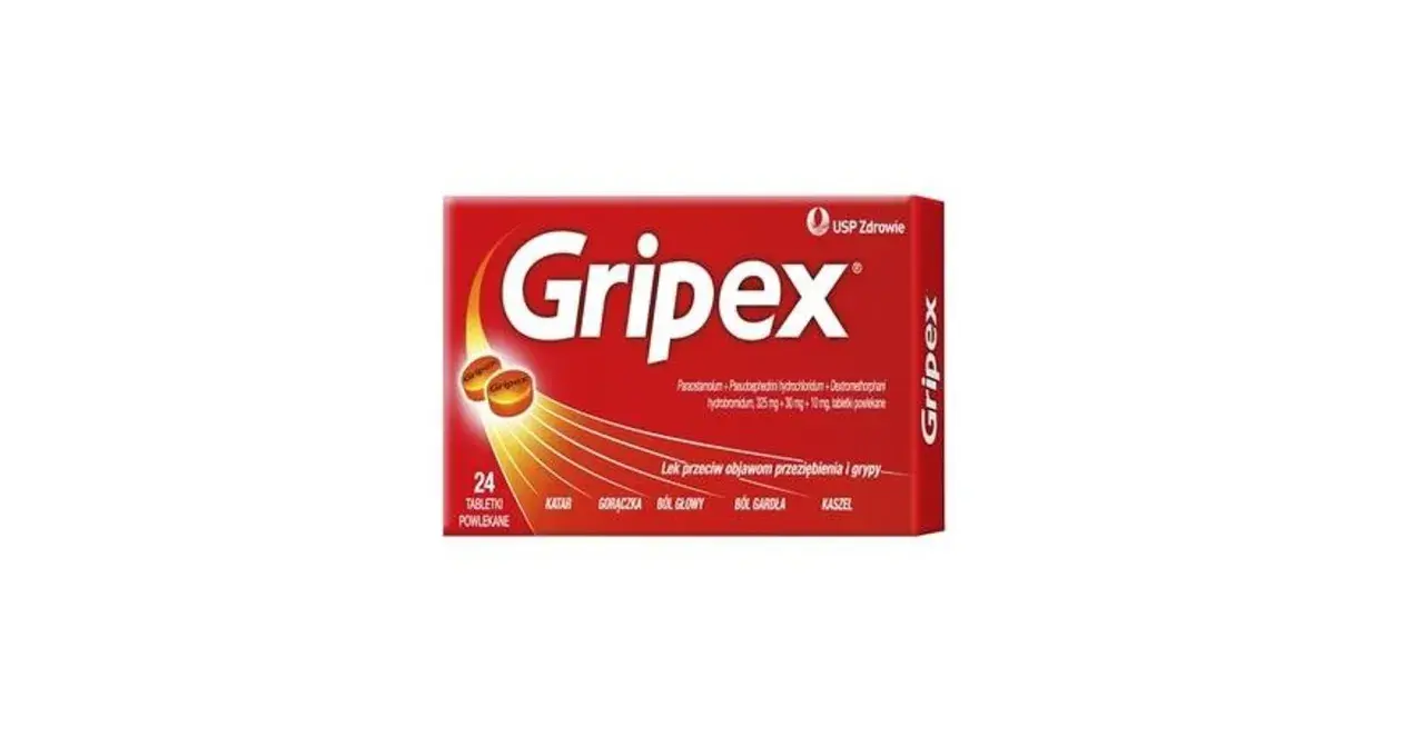 Opakowanie leku Gripex na przeziębienie i grypę, z widocznymi tabletkami i objawami choroby.