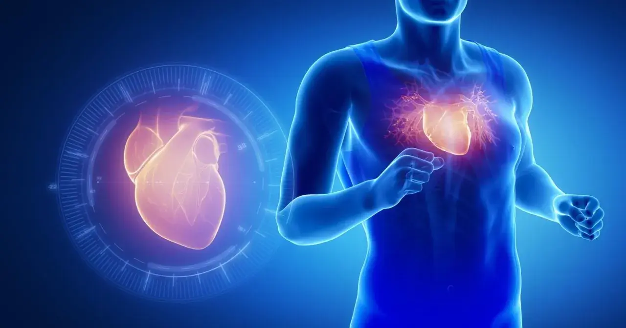 Anatomia serca w technologii, z widocznym organem w klatce piersiowej i na ekranie, sugeruje monitorowanie stanu zdrowia, jak w przypadku Suvardio Plus.
