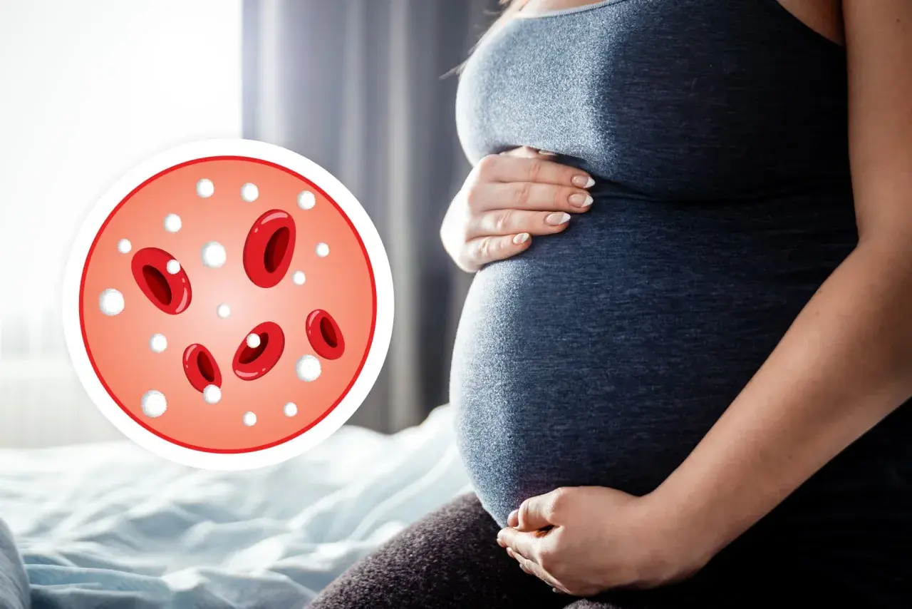 Ciężarna kobieta trzymająca się za brzuch, obok okrągły wykres z czerwonymi krwinkami i białymi kropkami.