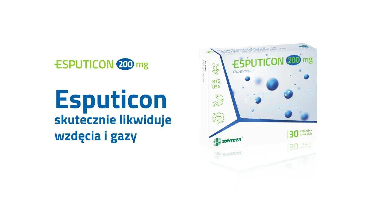 Opakowanie leku Esputicon 200 mg na wzdęcia i gazy, z grafiką układu pokarmowego.