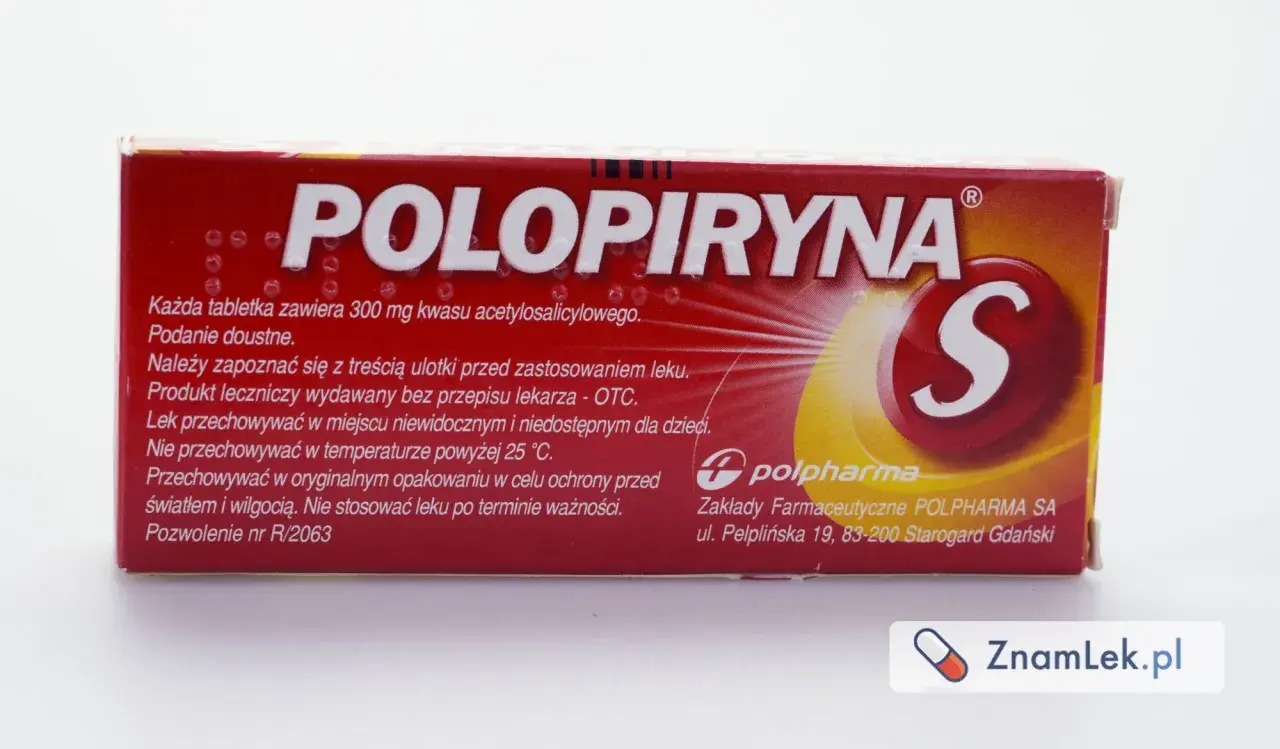 Opakowanie leku Polopiryna S, zawierającego 300 mg kwasu acetylosalicylowego. Produkt leczniczy OTC.