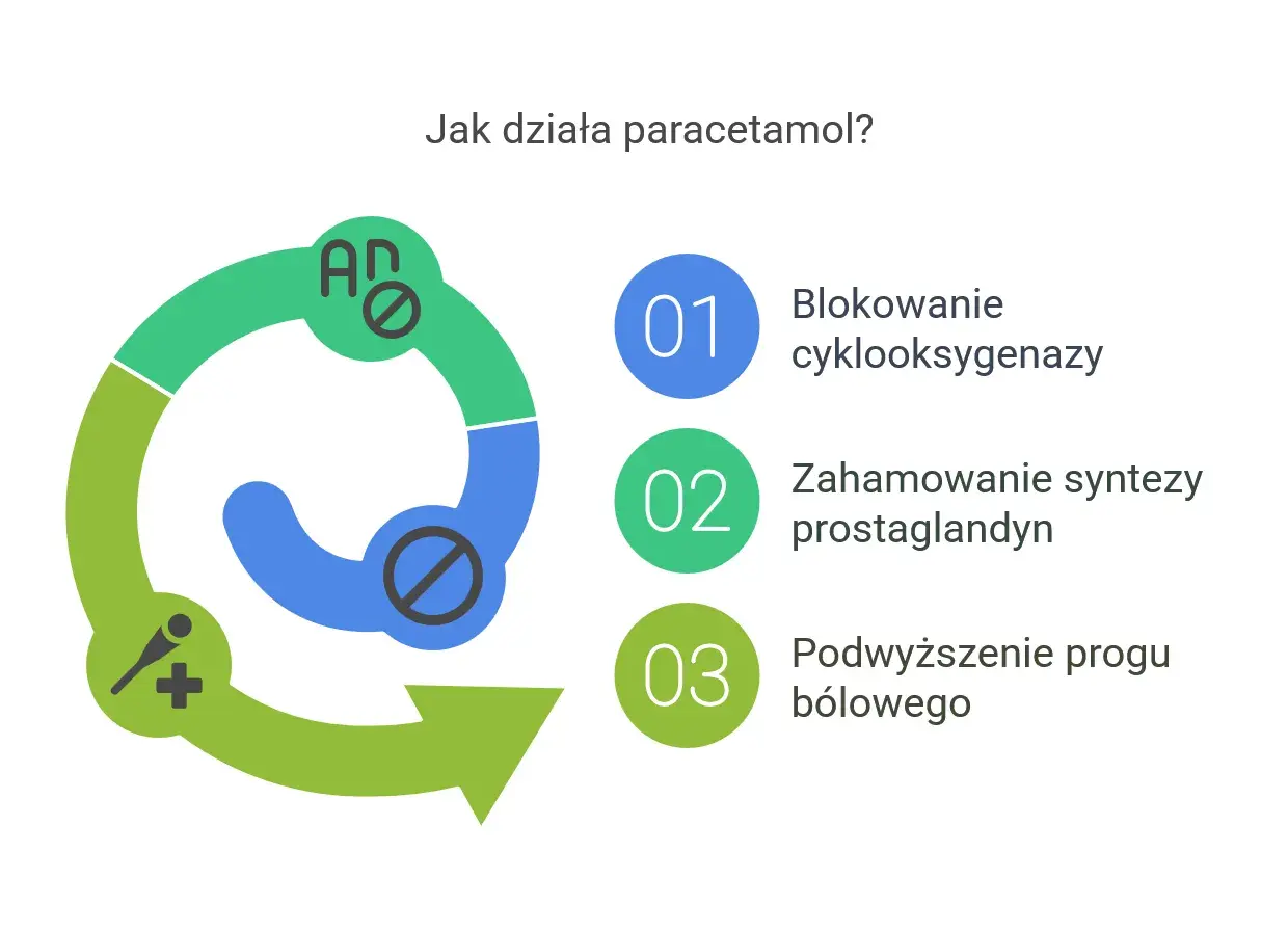 Schemat wyjaśnia, jak działa paracetamol: blokuje cyklooksygenazę, hamuje syntezę prostaglandyn i podwyższa próg bólowy.
