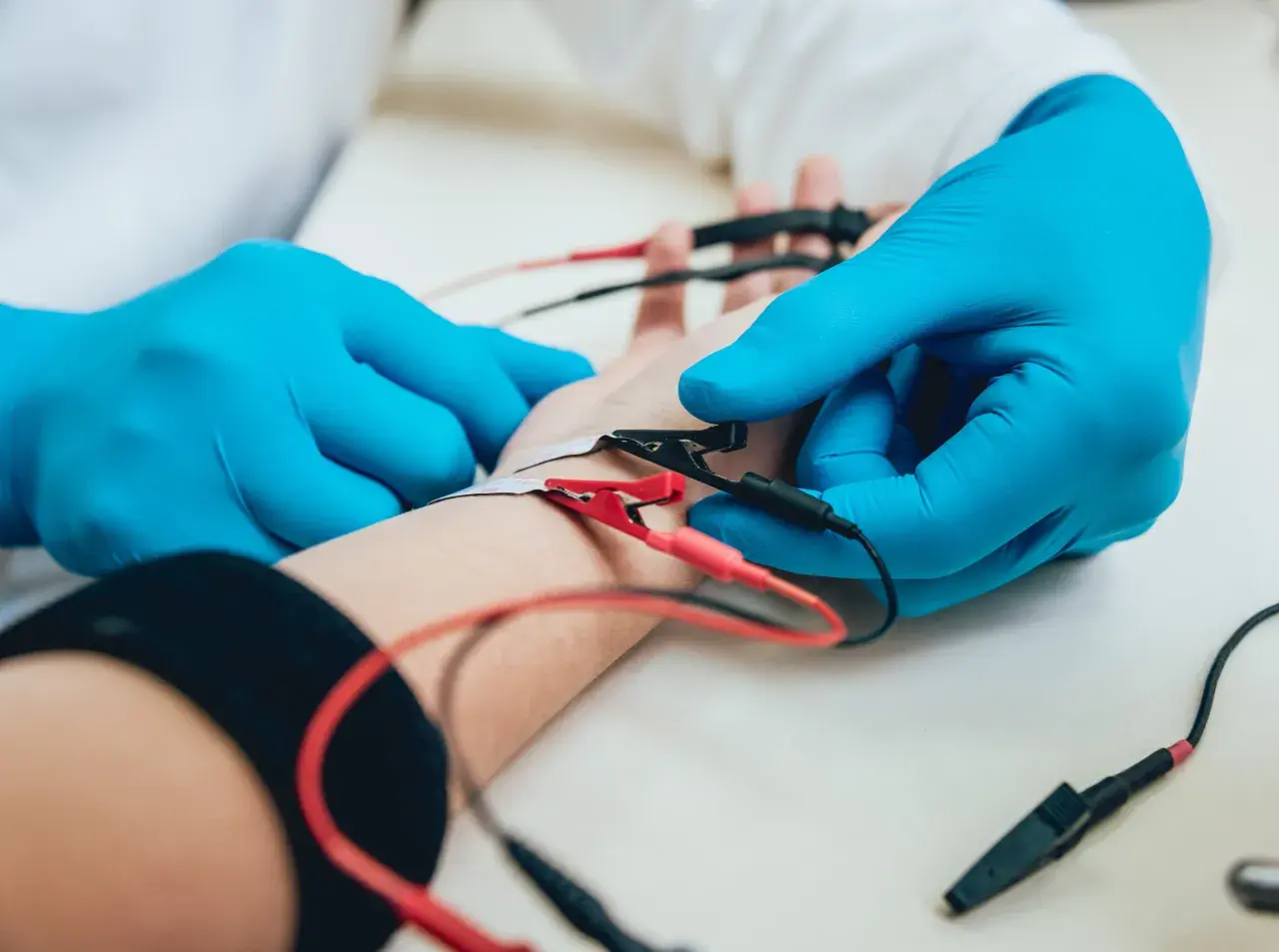 Lekarz w niebieskich rękawiczkach podłącza elektrody do ręki pacjenta podczas badania EMG.