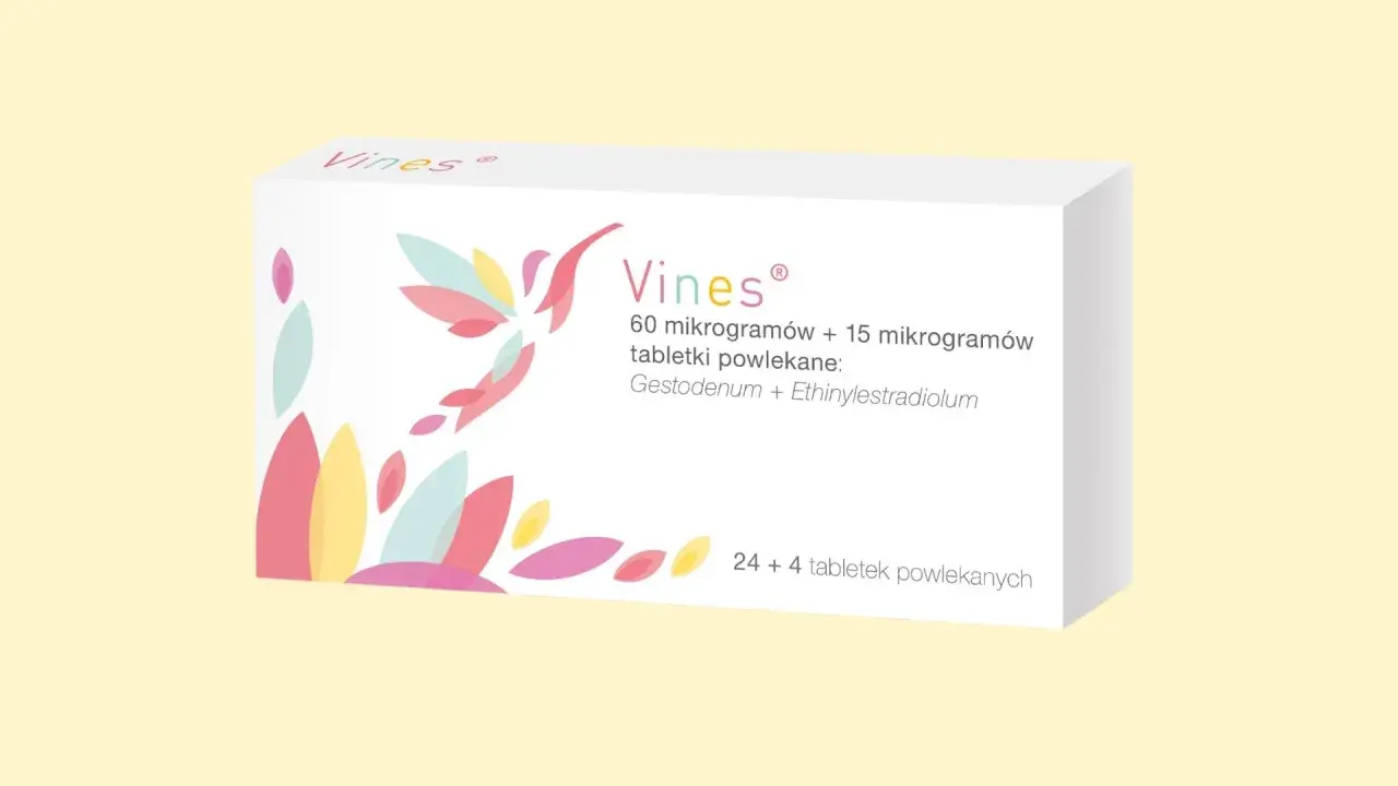 Opakowanie leku Vines z kolorowym motywem przypominającym pnącza. Zawiera 24+4 tabletki.