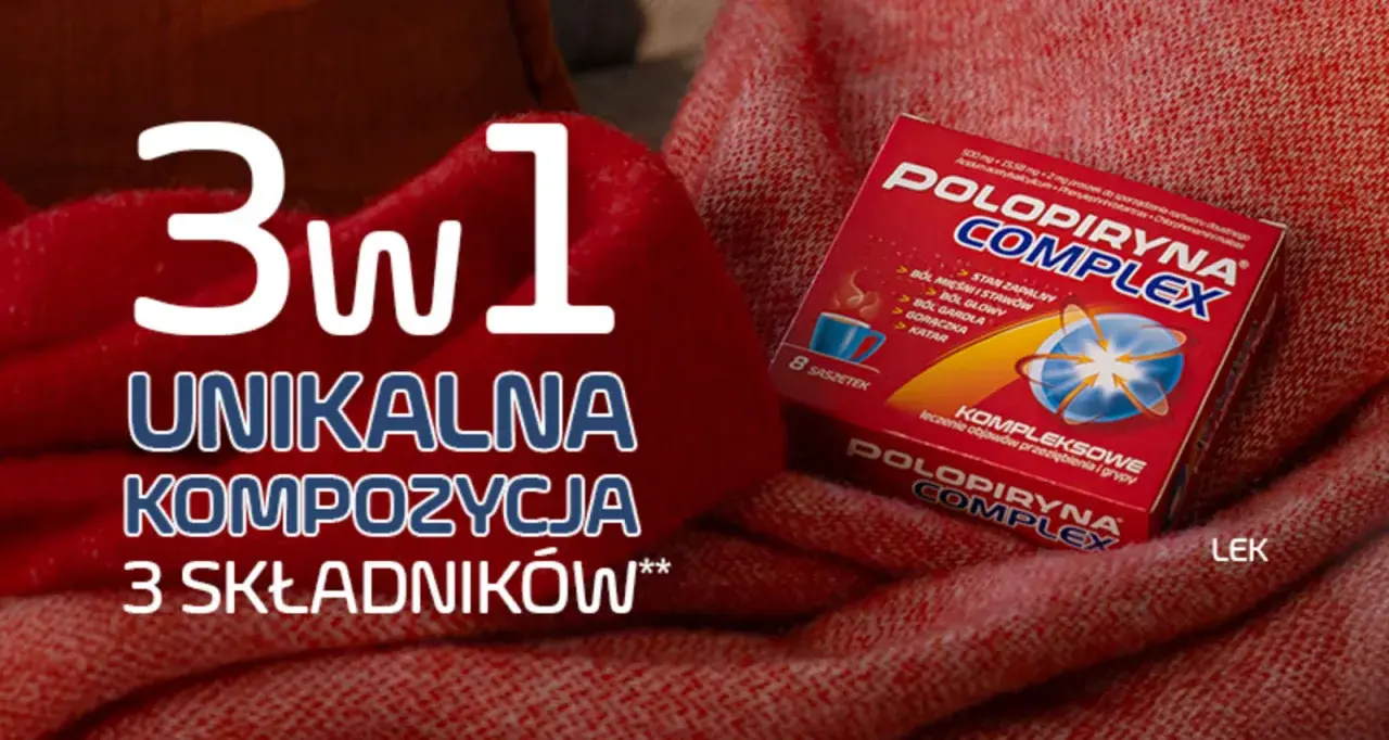 Opakowanie Polopiryna Complex na czerwonym tle. Hasło "3w1 UNIKALNA KOMPOZYCJA 3 SKŁADNIKÓW" podkreśla jego działanie.