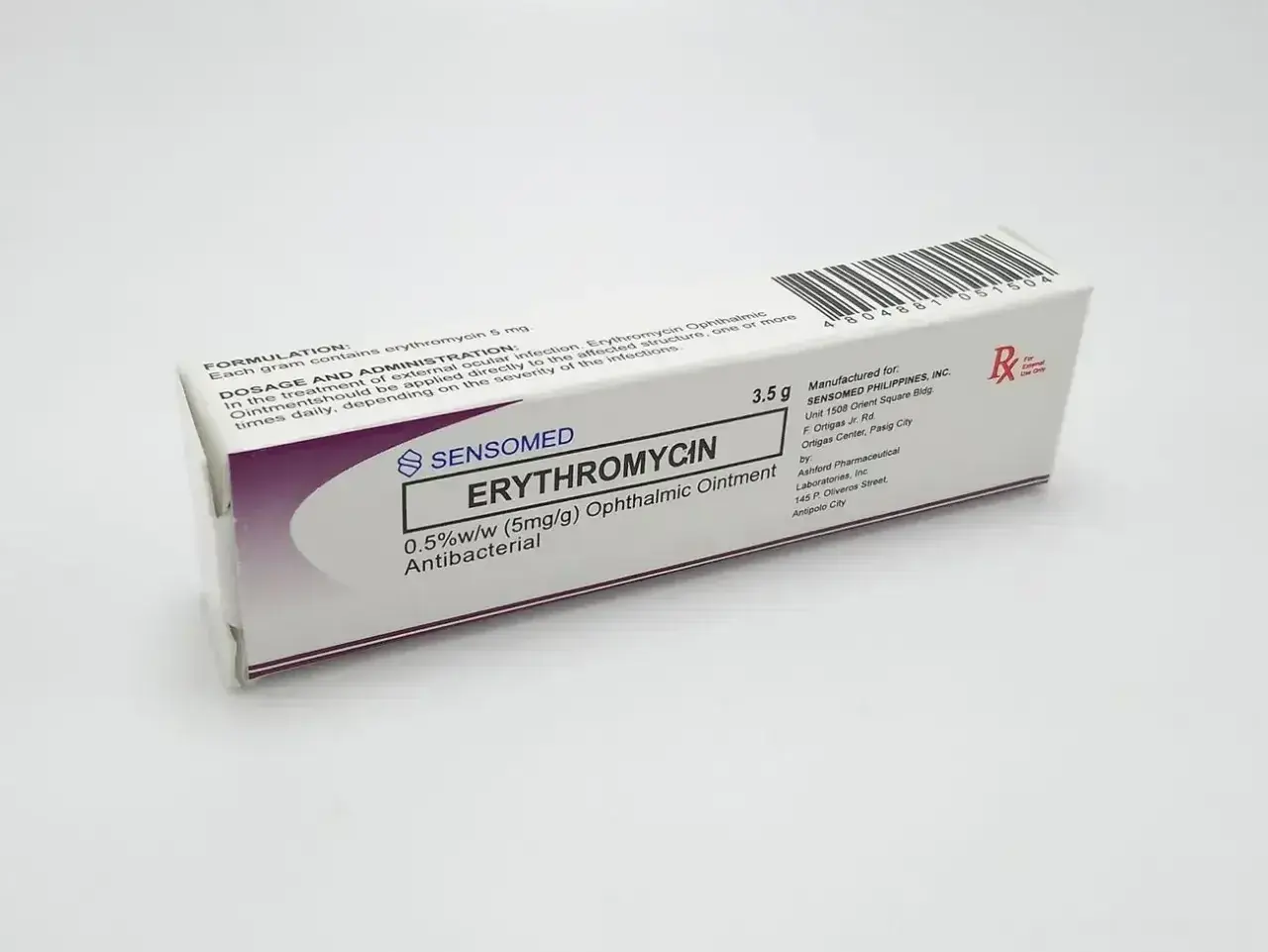 Opakowanie maści do oczu z azytromycyną. Preparat Sensomed Erythromycin 0.5%w/w, 3.5g, antybakteryjny.