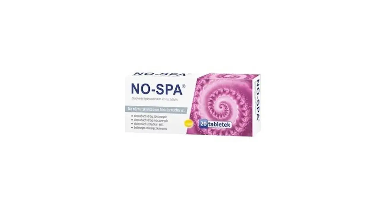 Opakowanie leku NO-SPA forte z 20 tabletkami, na bóle brzucha.