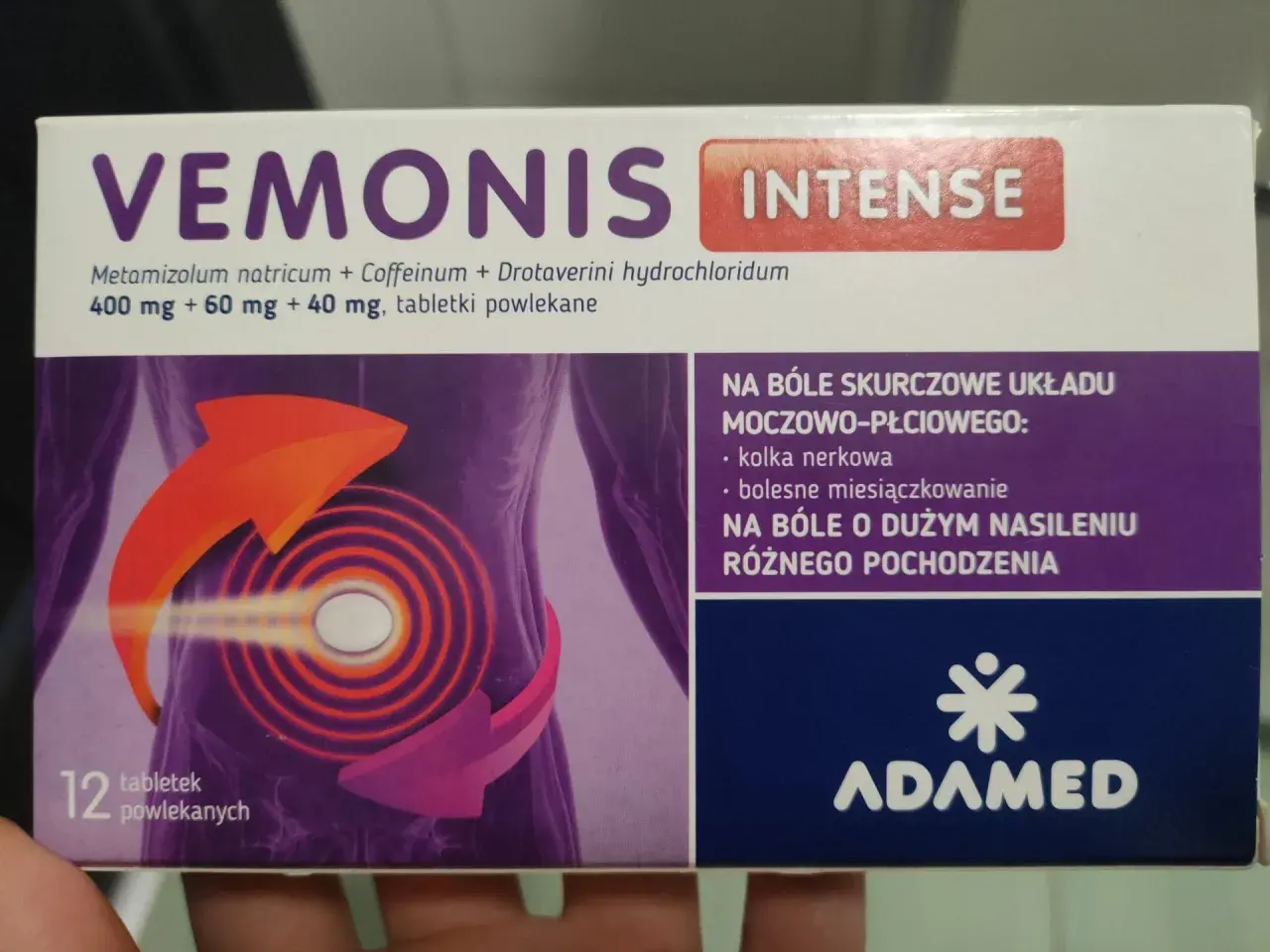 Opakowanie leku Vemonis Intense z grafiką symbolizującą ból i ulgę.
