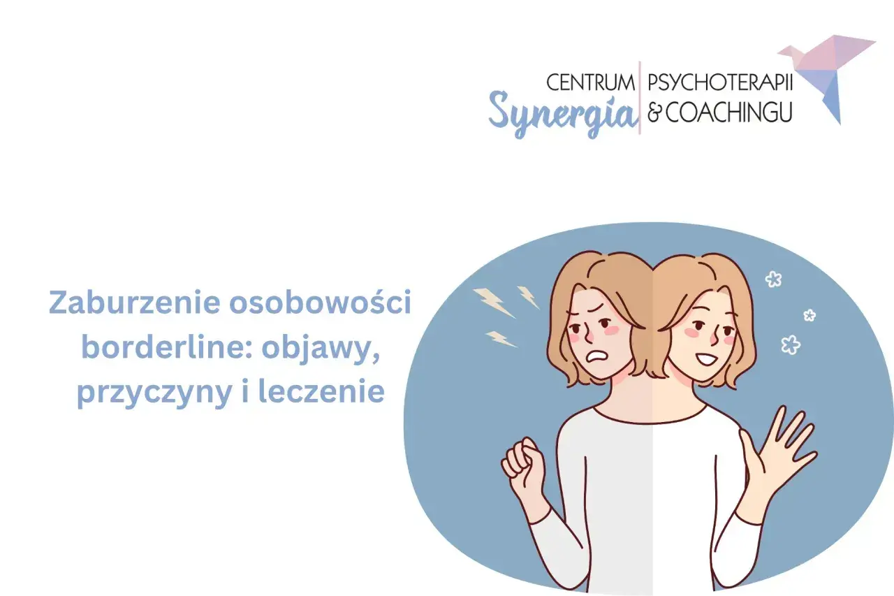 Ilustracja przedstawiająca dwie twarze tej samej osoby, jedną smutną, drugą uśmiechniętą, symbolizujące zaburzenie osobowości borderline.