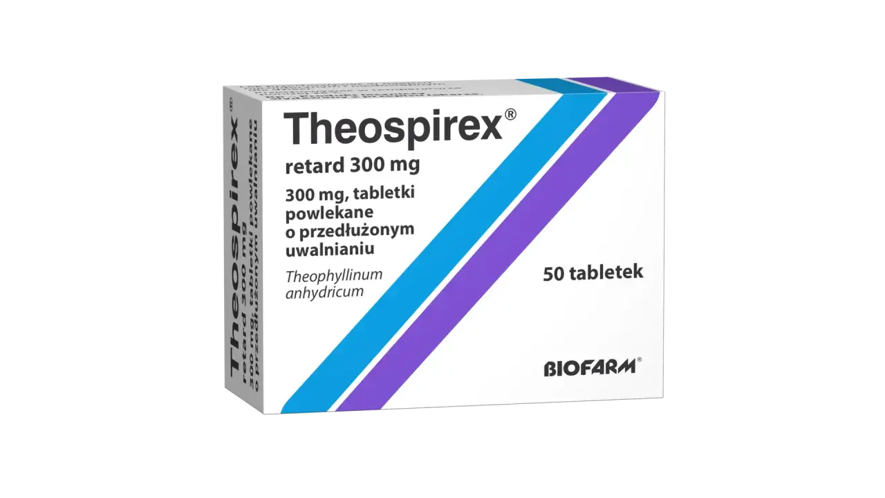Opakowanie leku Theospirex retard 300 mg, 50 tabletek powlekanych o przedłużonym uwalnianiu.