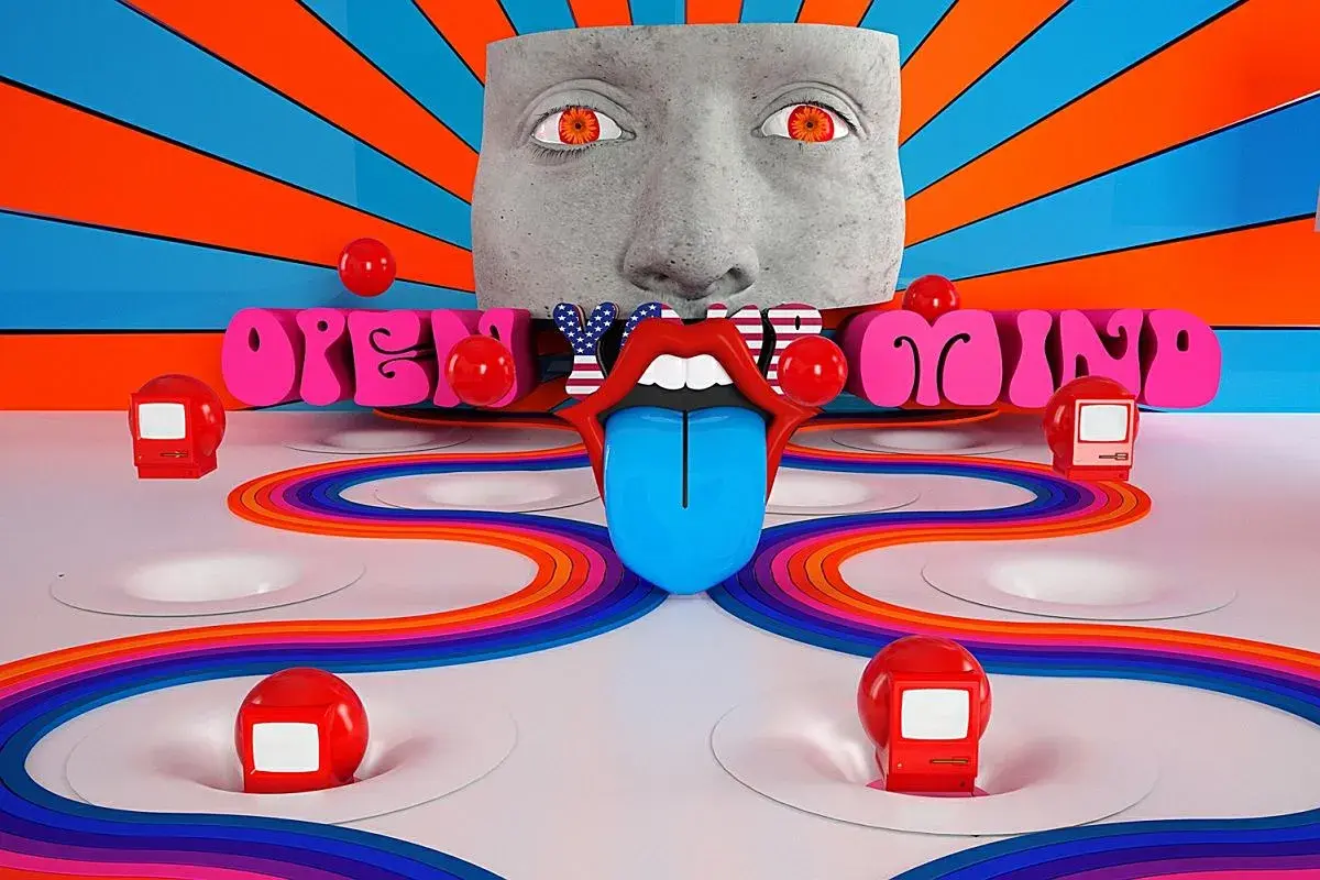 Surrealistowa grafika z kamienną twarzą, otwartymi ustami z niebieskim językiem i napisem "OPEN YOUR MIND".