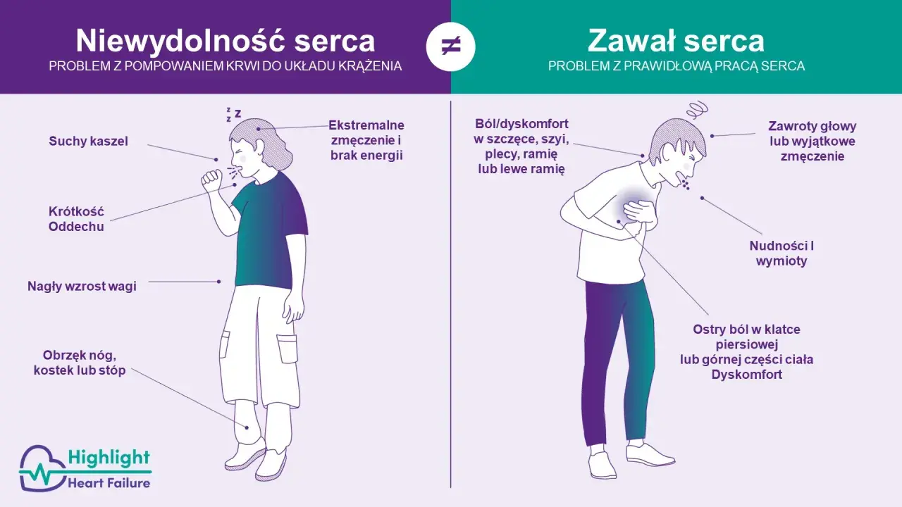 Ilustracja porównująca objawy niewydolności serca (kaszel, duszności, obrzęki) i zawału (ból w klatce, nudności, zawroty głowy).