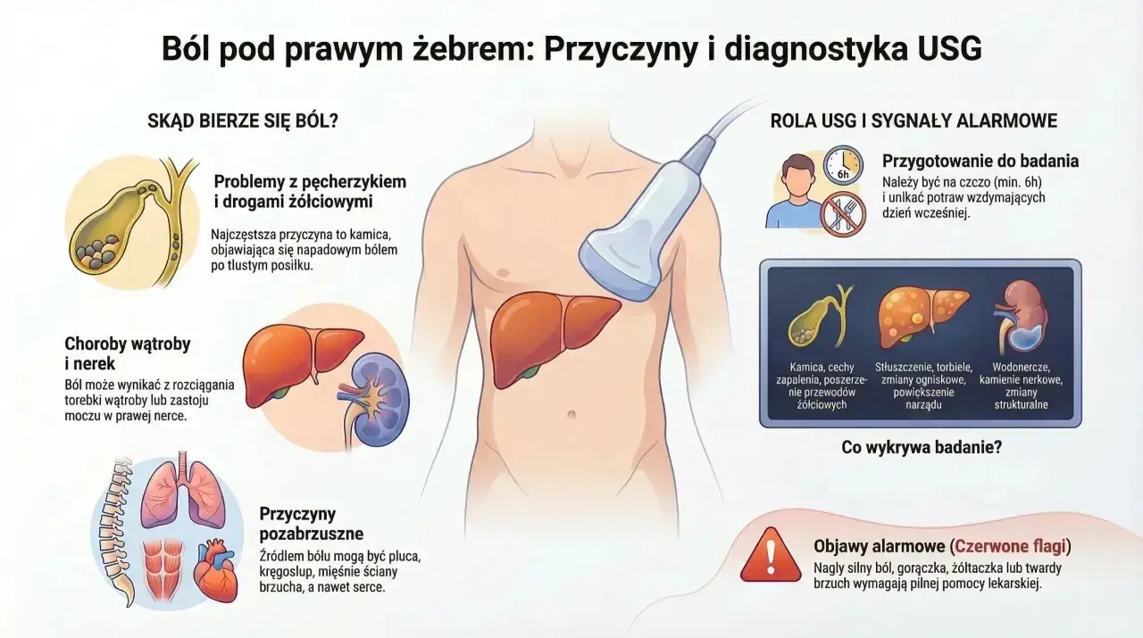 Ilustracja pokazuje, gdzie jest wątroba i inne narządy, które mogą powodować ból pod prawym żebrem.