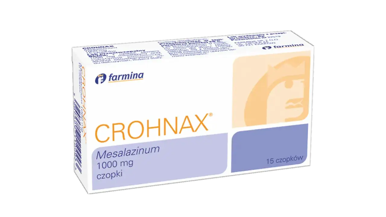 Opakowanie leku CROHNAX z mesalazinum 1000 mg, 15 czopków. Pomaga w leczeniu schorzeń jelit.