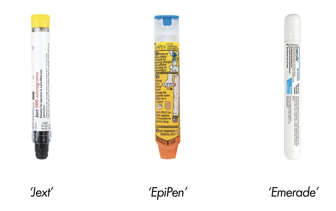 Trzy autostrzykawki: Jext, EpiPen i Emerade, służące do podawania adrenaliny w nagłych przypadkach.