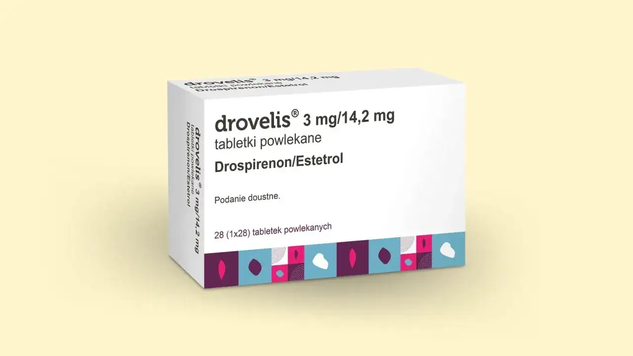 Opakowanie leku Drovelis 3 mg/14,2 mg. Na boku widnieje wzór przypominający pnącza.