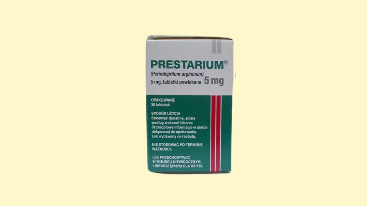 Opakowanie leku Prestarium 5 mg, zawierające 30 tabletek powlekanych. Leczenie nadciśnienia z lecalpin.