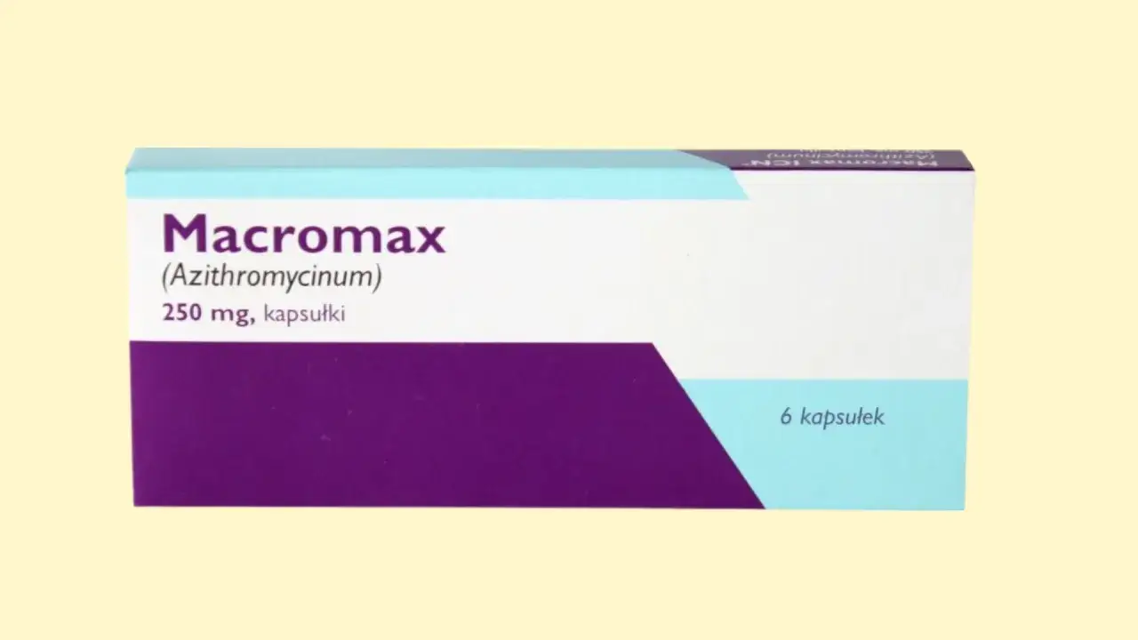 Opakowanie leku Macromax zawierające azytromycynę w kapsułkach po 250 mg. 6 kapsułek.