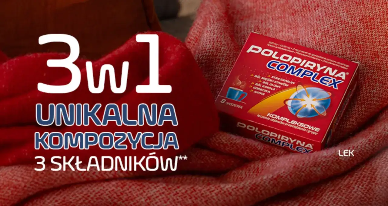 Opakowanie Polopiryna Complex na czerwonym tle. Hasło 