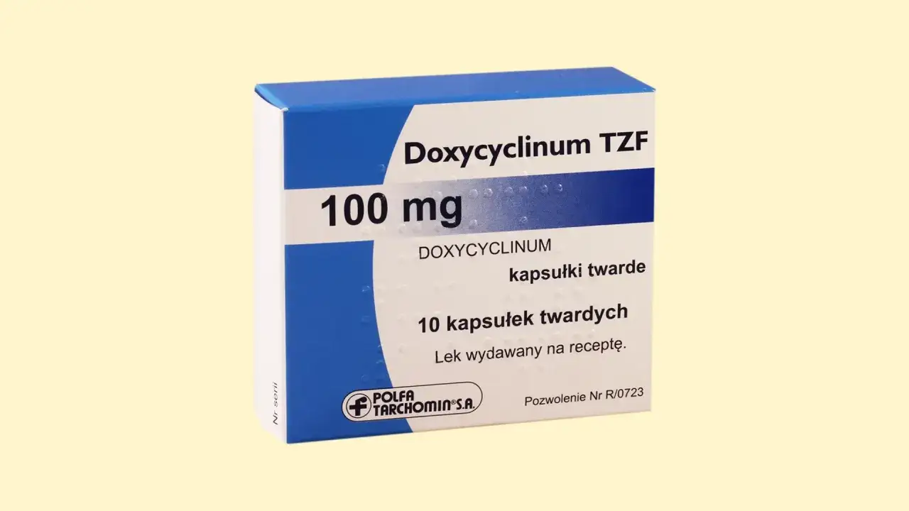 Opakowanie leku Doxycyclinum TZF 100 mg, zawierające 10 kapsułek twardych. Unidox solutab to nazwa handlowa tego leku.
