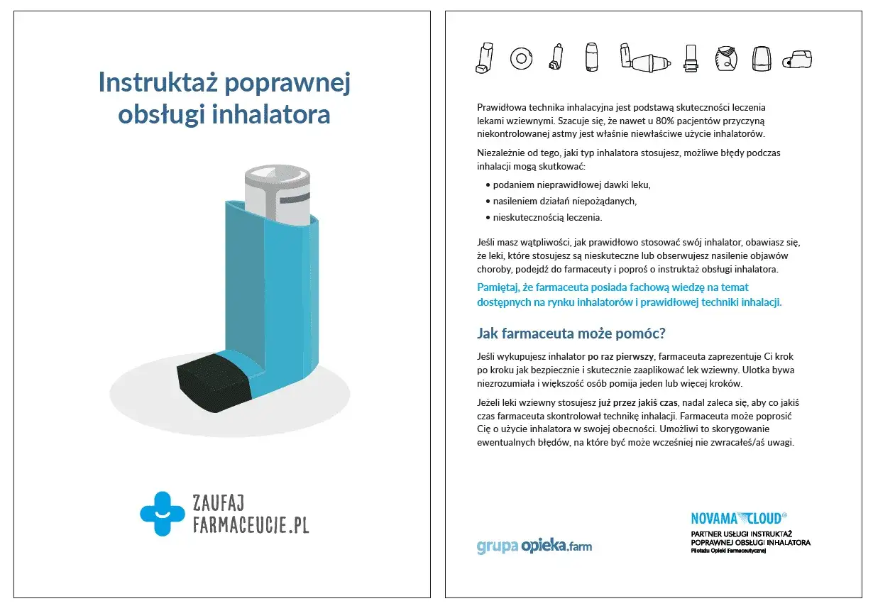 Instrukcja obsługi inhalatora, który może zawierać salbutamol. Prawidłowa technika jest kluczowa dla skuteczności leczenia astmy.
