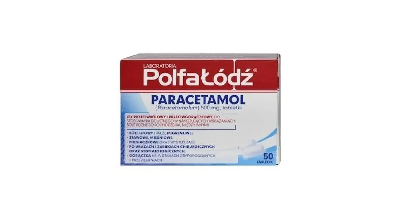 Opakowanie leku Polfa Łódź Paracetamol 500 mg. To lek przeciwbólowy i przeciwgorączkowy, stosowany m.in. na bóle głowy, stawowe, mięśniowe, gorączkę. Tylenol co to? To właśnie paracetamol.