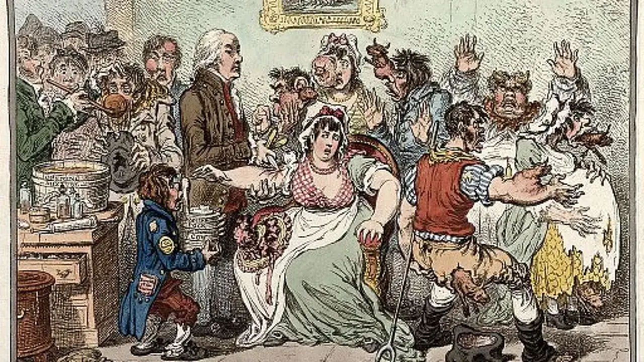 Scena z XIX wieku: lekarz szczepi kobietę, by uchronić ją przed ospą prawdziwą. Wokół panuje chaos i strach.