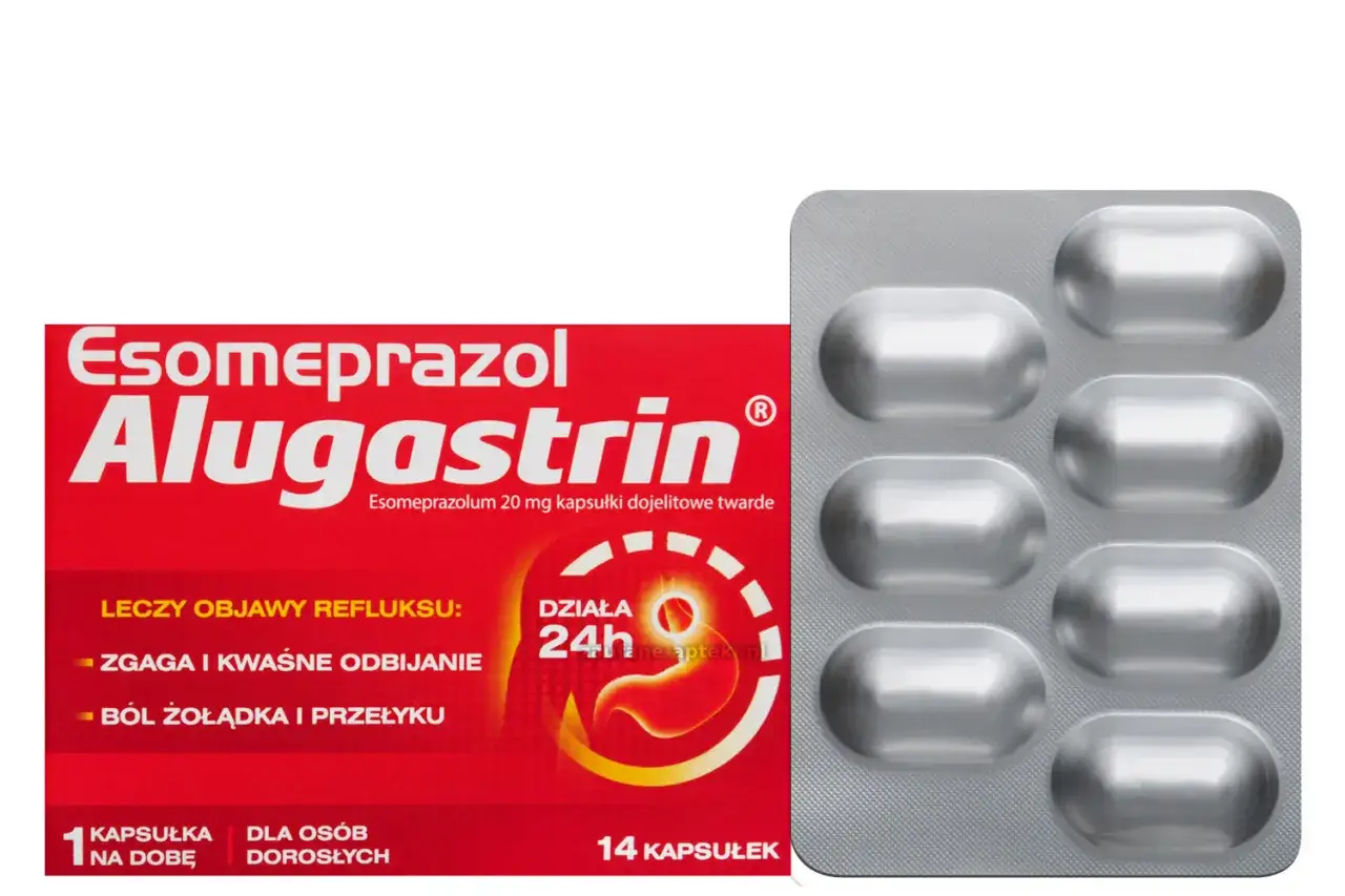 Opakowanie Alugastrin z esomeprazolem 20 mg, leczy zgagę i ból żołądka. 14 kapsułek.