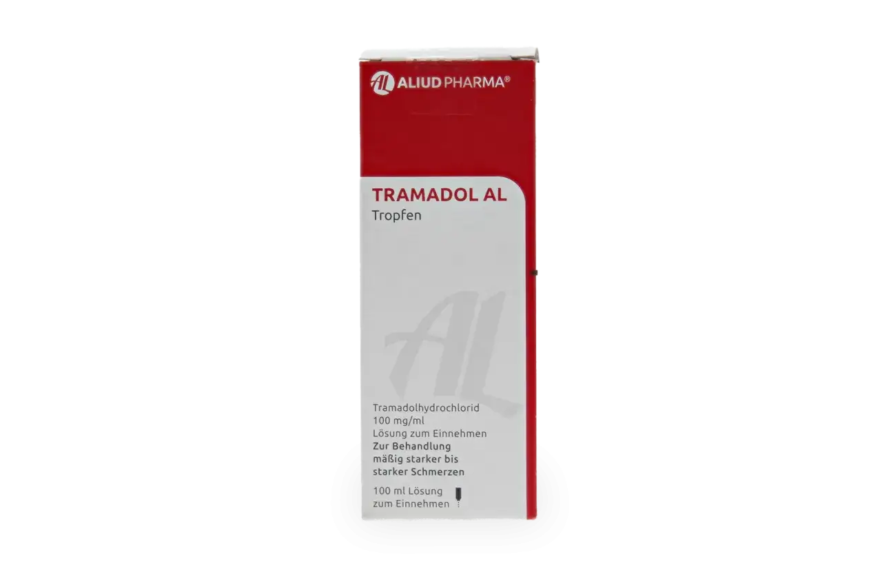 Opakowanie leku Tramadol AL w kroplach, 100 mg/ml, na umiarkowany i silny ból.
