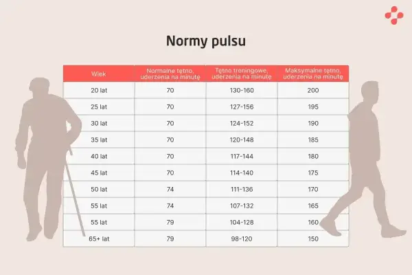 Tabela norm pulsu dla różnych grup wiekowych. Pokazuje tętno spoczynkowe, treningowe i maksymalne.